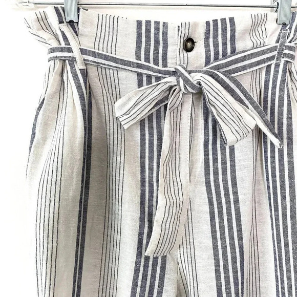 Cali 1850 Linen Striped Paper Bag Linen Blend Women's Medium White Blue Pants - Picture 7 of 7